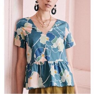 Sezane Floral Women's Top in Blue and Green european 40